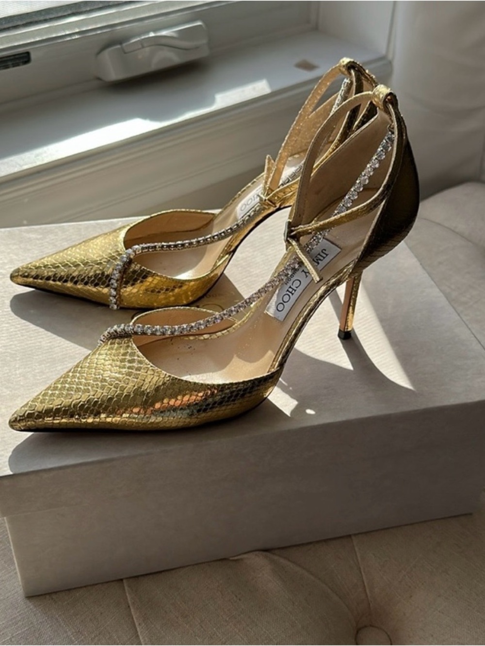 Jimmy Choo Metallic Gold Crystal-Strap Pointed Pumps